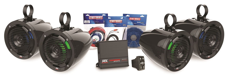 Universal Bluetooth switch audio package with amplifier and 4 roll cage speakers